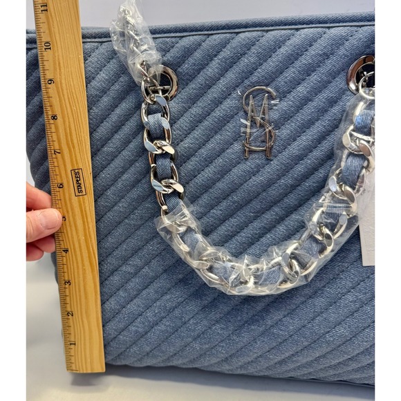 Steve Madden Bkattt-H Quilted Large Chain Tote Bag With Pouch Denim Blue - Picture 7 of 16